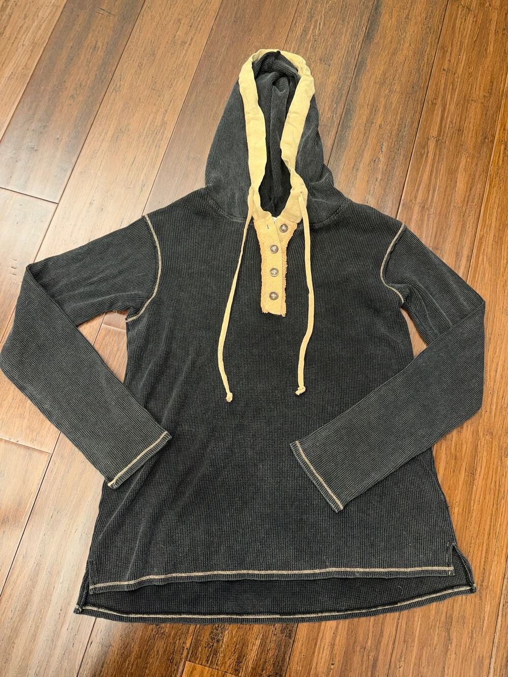 Hem & Edge Anthropology Raw Edge Hooded Henley Shirt M NWT